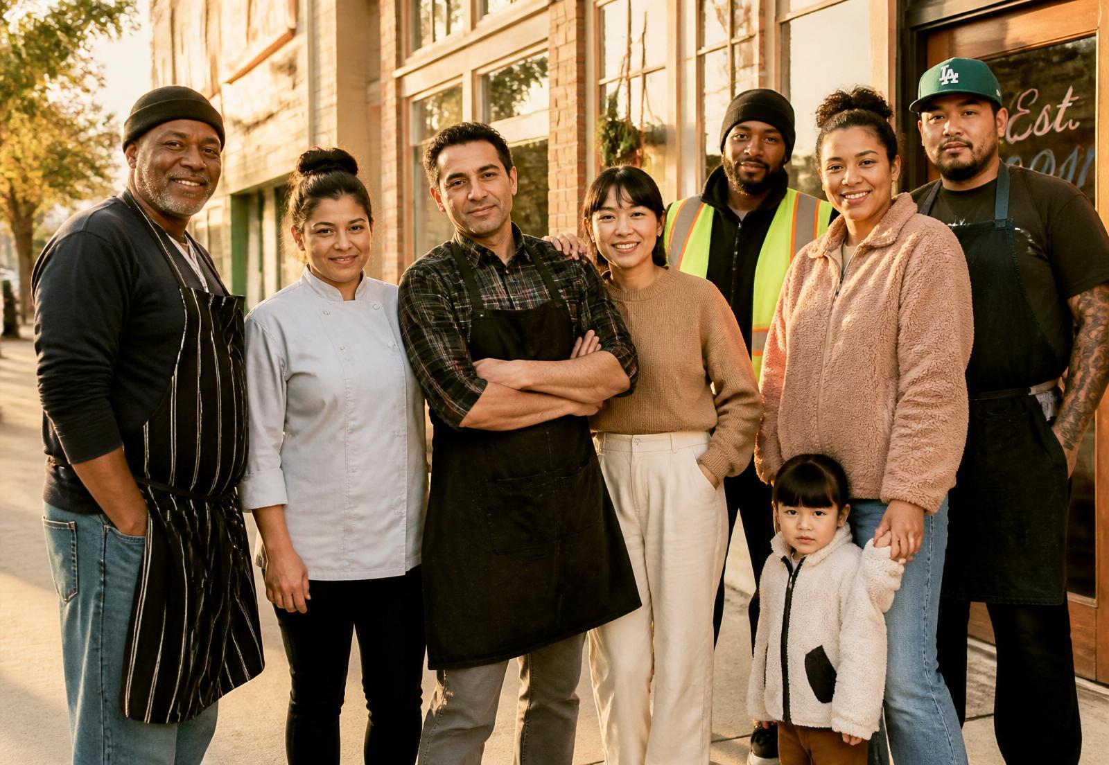 A group of Mid-Atlantic hospitality, production and trades workers — a mix of ages and families — gathered outside a local business in warm late-afternoon light.