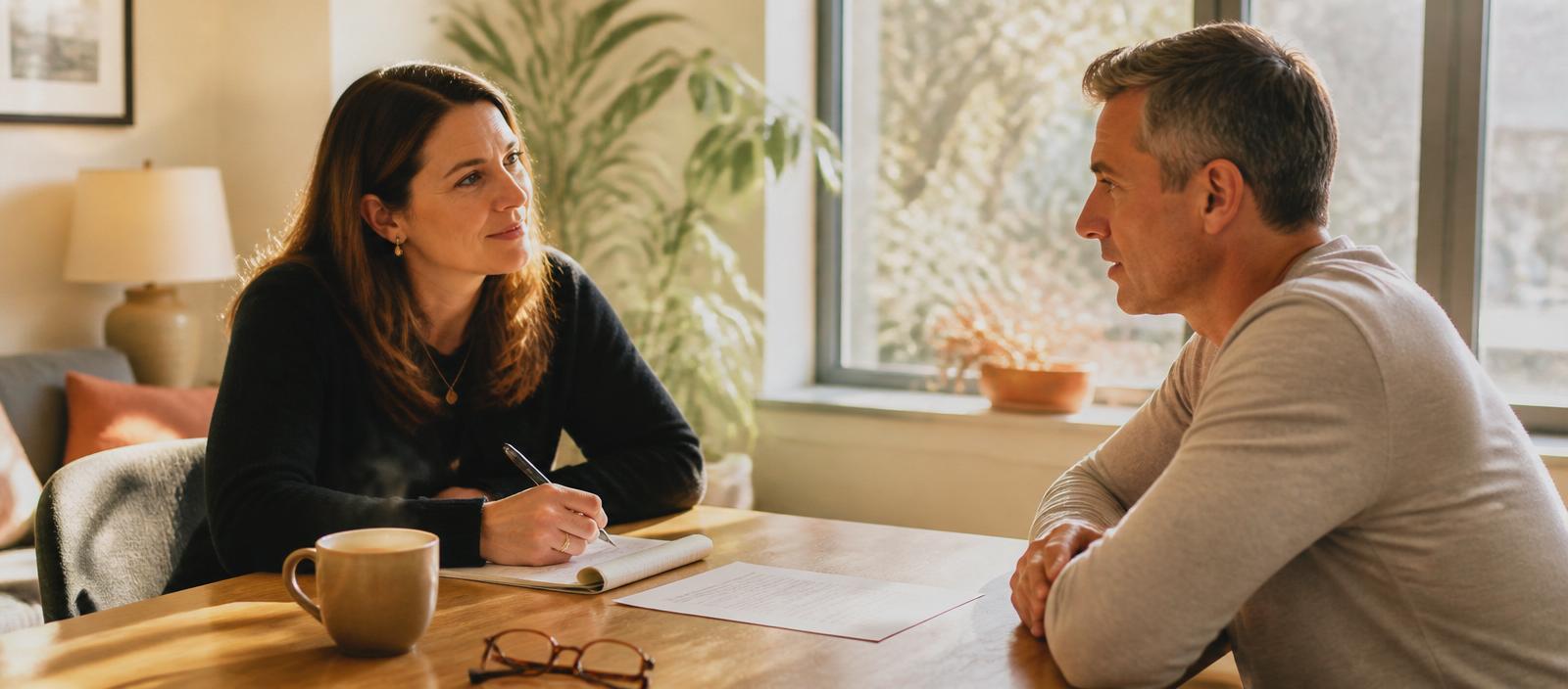 An AHS recruiter listening carefully to a candidate across a small table in warm daylight — an unhurried, considered conversation.